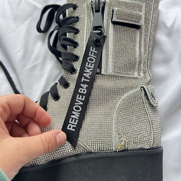 Dolls Kill Bling Combat Boots Deadstock With Pockets Womens 7 Silver - Picture 4 of 8